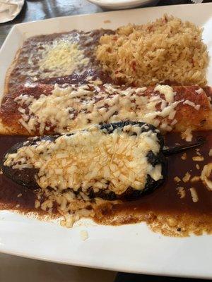 New way they are making the Chile relleno (no breading and not stuffed ), burrito with rice and beans