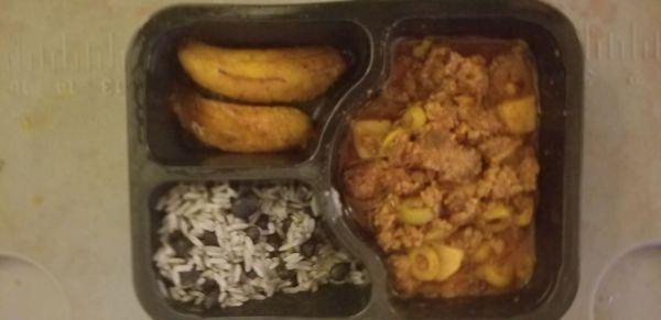 Beef Picadillo with black bean moros and sweet plantains