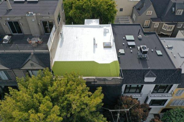 Front roof cedar shingles replaced and painted plus flat roof silicon-sealed.