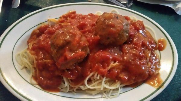 Angel hair marinara with meatballs