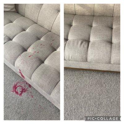 Before & After Red candle wax spill on carpet and couch...