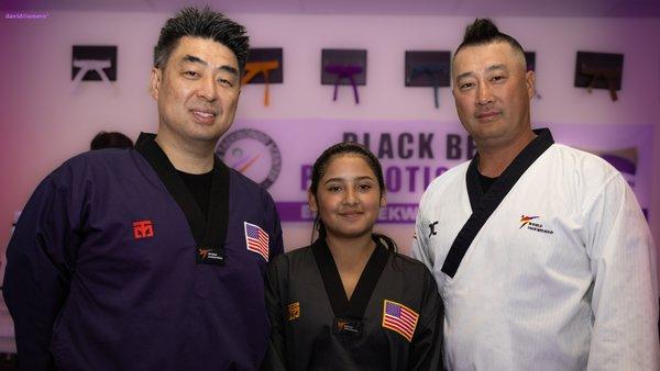 Valeria Camero with Master Victor Chung and Grand Master Arnold Chung on May 13th, 2023.