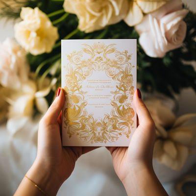 Wedding invitation printed on-demand in stunning gold.