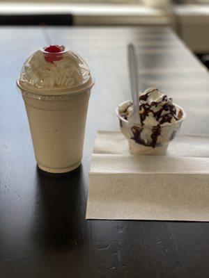 Coffee milkshake and hershey syrup sundae