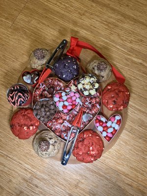 Chunkiez cookies on a chocolate valentine charcuterie board