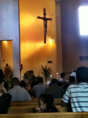 Inside the parish, during worship.