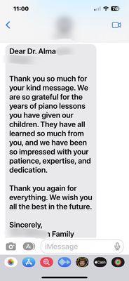 Message from family whose children I taught for years.