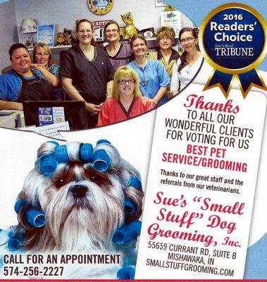 Our salon was voted #1 favorite pet grooming for 2016 in the South Bend Tribune's Reader's Choice. Thanks to all for your support and vote.