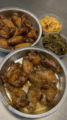 Garlic Parmesan wings, lemon pepper wings, Mac and greens