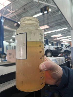 Contaminated gas received from this station. The bottom 22oz is water found by the Ford Mechanic when he pulled a fuel sample.