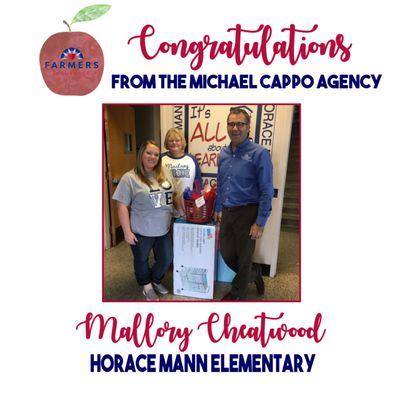 Congratulations Mallory Cheatwood of Horace Mann Elementary for winning $100 of Classroom Supplies in November!