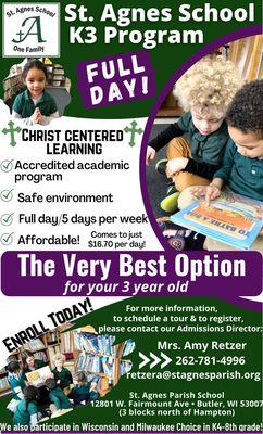 St. Agnes is offering a full day K3 program! Schedule your tour today!