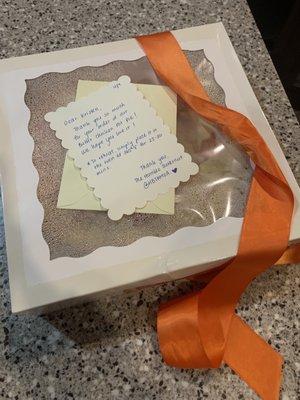 Nicely packaged butter chicken pot pie with a personalized note