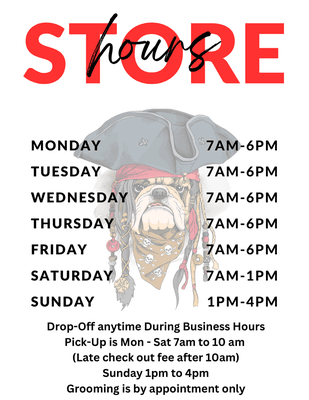 Hours, Drop Off & Pick up times.