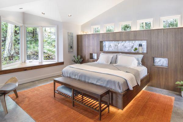 Master Bedroom with Custom Walnut platform bed, bench and built-ins