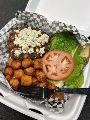 Black and bleu burger with sweet pot tots