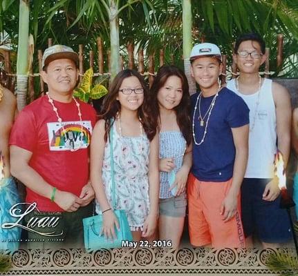 Our family in a luau at the Hilton Hawaiian Village, May 2016!