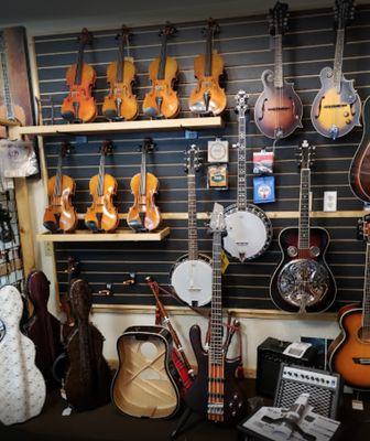 We carry most major brands for the following: acoustic guitar, violin, banjo, dobro, mandolin, electric guitar, bass guitar.