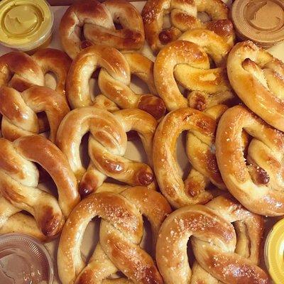 Our pretzels in classic form.  Nuggets and pretzel twists also available delivered warm or frozen for reheating at home!