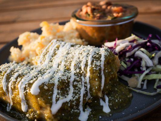 Chicken Tamales - Tomatillo Sauce, Crema, Cotija, Mexican Rice, Charro Beans, and Cabbage Salad