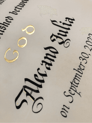 Wedding vows on genuine calfskin with 23k gold leaf.