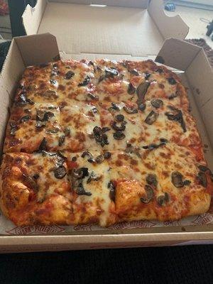 pan pizza with extra cheese and mushrooms. Delicious!