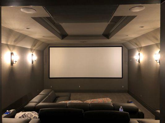 Media room with 2.35 wide screen, tray ceiling.