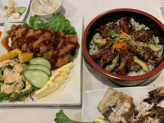 Donkatsu and unagi donburi