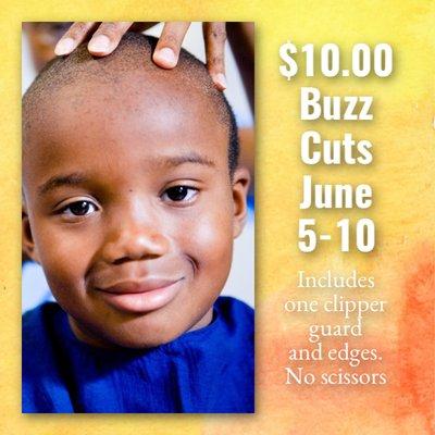 Summer special! $10.00 Buzz Cuts until Sunday, June 10, 2018