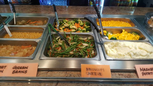 Stir fry vegs and green beans, Mac & cheese, broccoli and cheese and mashed potatoes