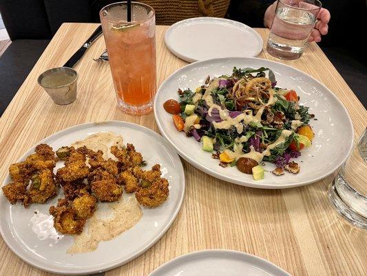 Fried Okra and Kale and Arugula salad.