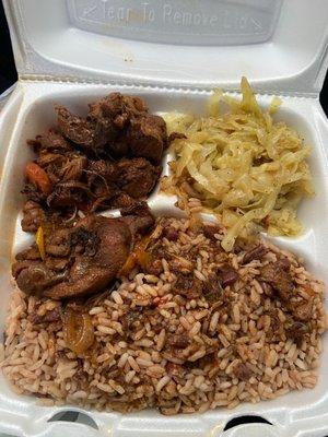 Stew Chicken, Steamed Veggie (Cabbage) and Rice & Peas