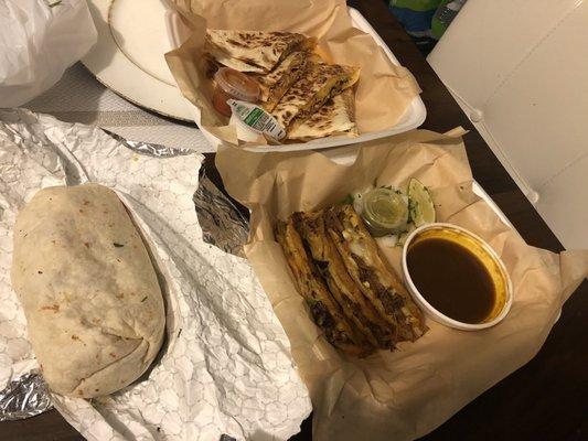 Burrito , quesadilla and Birria tacos