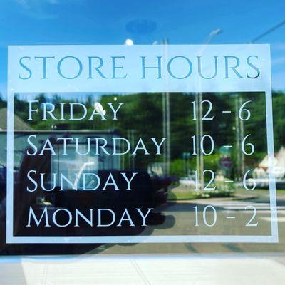 Store Hours: Friday 12-6, Saturday 10-6, Sunday 12-6, Monday 10-2