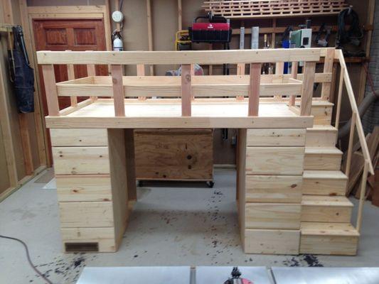 Custom Made Solid Wood Twin Loft Bed With Stairs & Storage