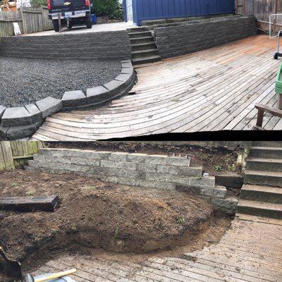 During and after of a retaining wall on a West Seattle property