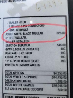 Photo of spec sheet inside of the truck.