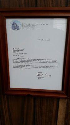 Letter from the mayor Mick Cornett to the owner Harry.