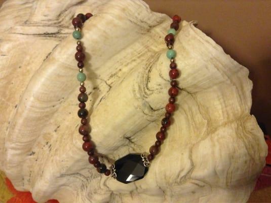 Men's pirate themed necklace--jasper, onyx, silver, wood, and turquoise.