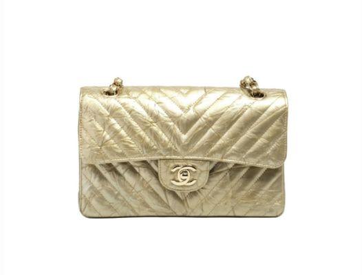 Chanel Gold Crumpled patent leather small double flap