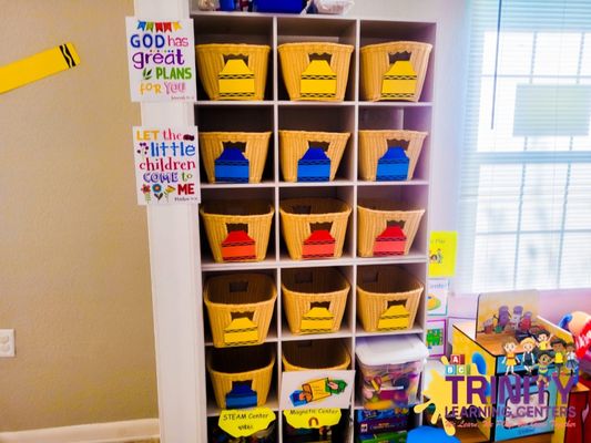 Individually labelled cubbies for each child and God's word on our wall