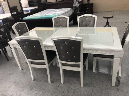 WHITE GREY TABLES WITH 6 CHAIRS