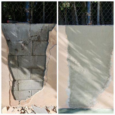 Stucco repair on crumbling wall