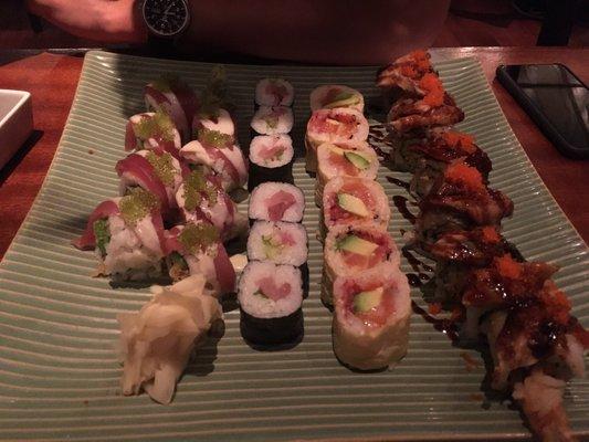 Wasabi tuna + Yellowtail + Salmon + Golden Dragon rolls