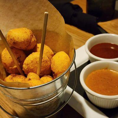 Brazilian Cheese Bread with Central Waters beer cheese dip and Ancho chili pepper dip