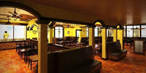 Proposed interior rendering from 3D model of LaFinca Mexican Restaurant