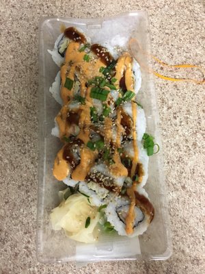 Shrimp tempura roll $12. Very spicy mayo on top.