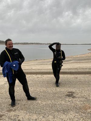 Open Water students Chris and Romi Morgan - Romi hiding behind the scarf