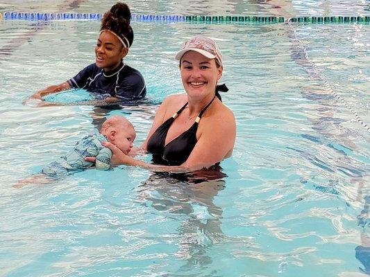 My grandson with his mom & Swim Teacher Nawja (Excellent Teacher!)