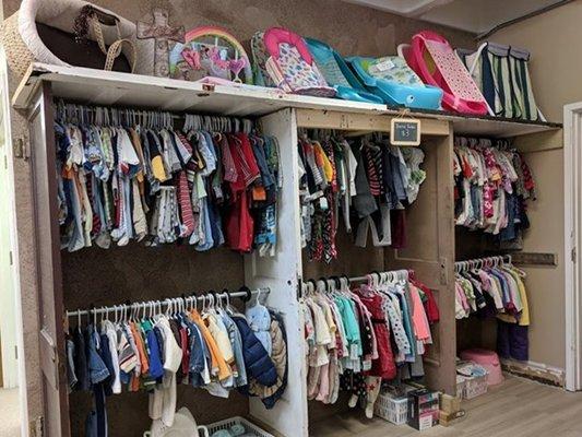 Shop at our store, the Baby Barn, using Baby Bucks earned in class to buy baby supplies. We also have free maternity clothes available.